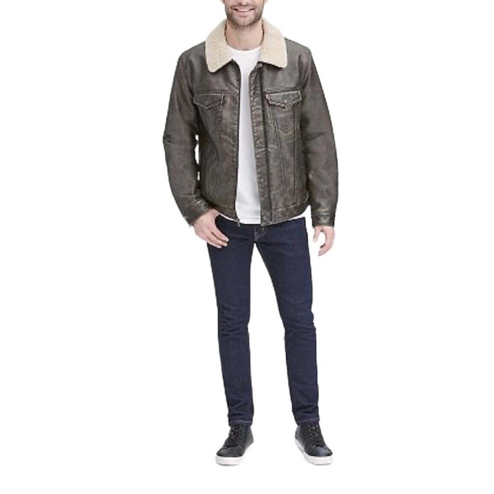 Men's Levi's Sherpa-Lined Faux-Leather Aviator Trucker Jacket Size S NWT - Picture 4 of 15